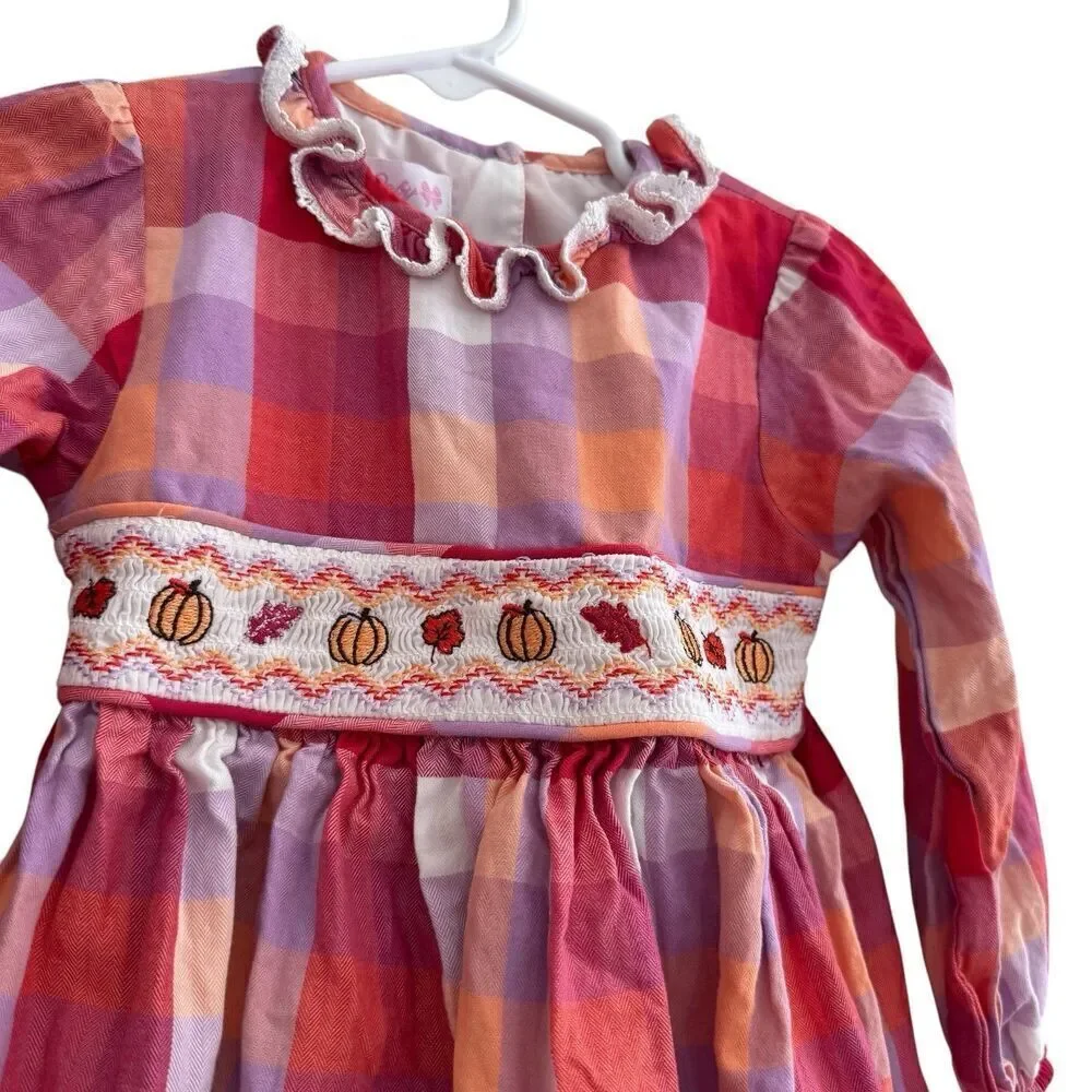 Bonnie Baby Baby Girl Harvest Smocked Long Sleeve Plaid Dress 24M NWOT